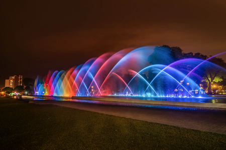 Colorful Fountain at night in the Park of the Reserve in Lima, Peruの写真素材