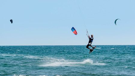 Ulcinj, Montenegro- May 2, 2017: Kitesurfing on the Adriatic sea in Montenegro