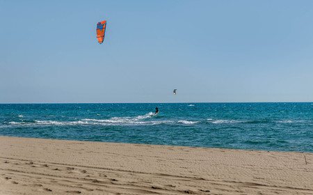 Ulcinj, Montenegro- May 2, 2017: Kitesurfing on the Adriatic sea in Montenegroのeditorial素材