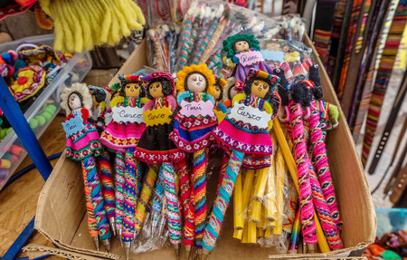 Peruvian traditional wares and dolls for sale in Ollantaytambo, Peruの写真素材