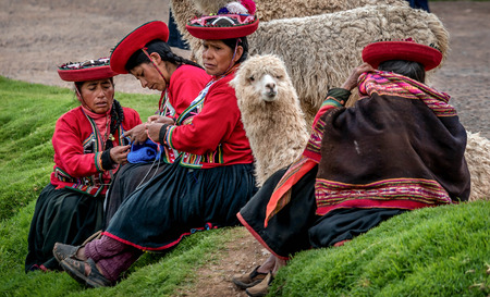 Cusco, Peru- March 17, 2017: Peruvian women with Alpaca near Cusco, Peruのeditorial素材