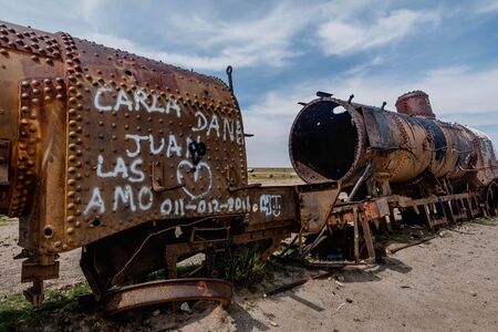 Rusty old steem train at train cemetery in Boliviaのeditorial素材