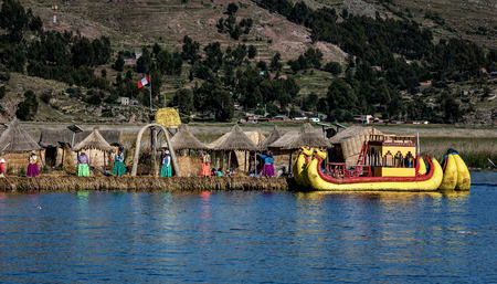 Weathered reed boats along the coast of Lake Titicaca in Puno, Peruのeditorial素材