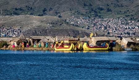 Weathered reed boats along the coast of Lake Titicaca in Puno, Peruのeditorial素材