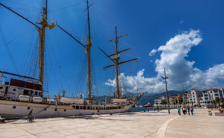 View of Tivat Embankment and the boat, Montenegroのeditorial素材