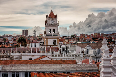 Bell tower and kupola of San Felipe Neri Monastery at Sucre, Boliviaの写真素材
