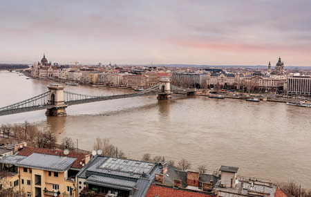 Chain Bridge between Buda and Pest on the river Danube, Hungaryの写真素材