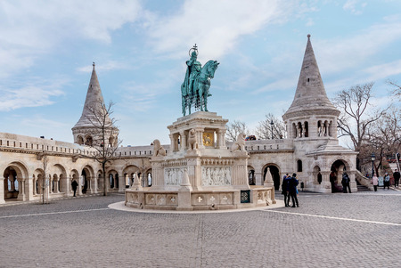 Budapest, Hungary- January 9, 2018: Bronze statue of Saint Stephen near Fisherman's Bastion in Budapest, Hungaryのeditorial素材