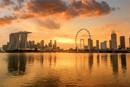 Singapore  skyline business district, Marina Bay Sand and the Garden by the Bay at sundownのeditorial素材