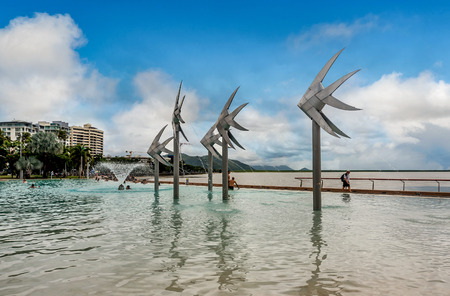 Queensland, Australia- Mach 18, 2018: Tropical swimming lagoon on the Esplanade in Cairns with artificial beach in Queensland, Australia.のeditorial素材