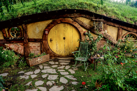 Hobbiton movie set created for filming The Lord of the Rings and The Hobbit movies in North Island of New Zealandのeditorial素材