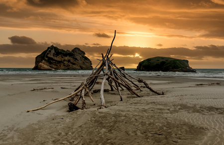 Archway Islands on the beach at Wharariki Beach near Nelson, New Zealandの写真素材