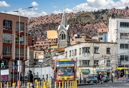 La Paz, Bolivia- March 28, 2017: Busy traffic street in  La Paz, Boliviaのeditorial素材