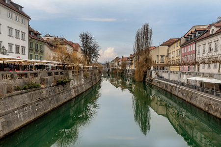 Ljubljana, Slovenia- January 7, 2019: View of the river Ljubljanica in the center of Ljubljana, Sloveniaの写真素材