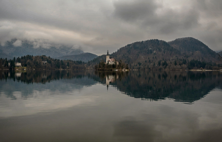 Small Island with Church at Bled lake in Sloveniaのeditorial素材