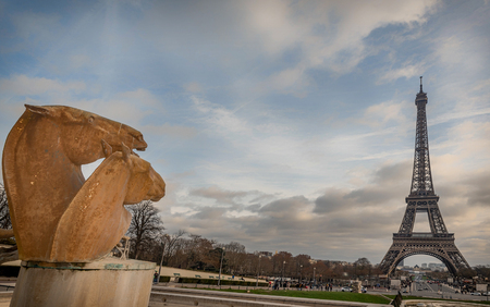 Paris, France- January 13, 2019:The Eiffel Tower with blue sky and clouds  in Paris, Franceのeditorial素材