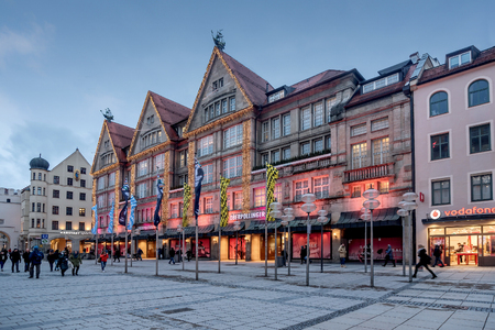 Munich, Germany- January 8, 2019: Shops near Marienplatz in Munich, Germanyのeditorial素材