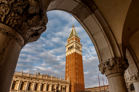 Venice, Italy- January 20, 2019: View of St Mark's Campanile  at Piazzetta San Marco in Venice, Italyの写真素材