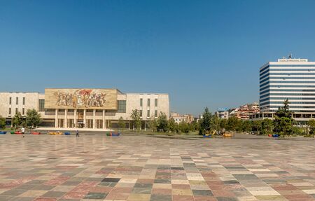 Tirana, Albania- August 10, 2019:National Historical Museum and Skanderbeg Square in Tirana, Albaniaのeditorial素材