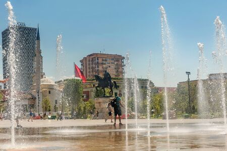 Tirana, Albania- August 10, 2019:Skanderbeg Square and Skanderbeg Monument in Tirana, Albaniaのeditorial素材