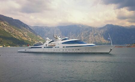Kotor, Montenegro- April 21, 2019:Beautiful big yacht in Boka Bay Kotor, Montenegroのeditorial素材
