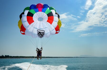 Ulcinj, Montenegro- July 5, 2019:Parasailing on the Adriatic coast of Montenegroのeditorial素材