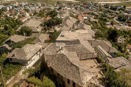 View of the rooftops over the city Gjirocastra, Albaniaの写真素材
