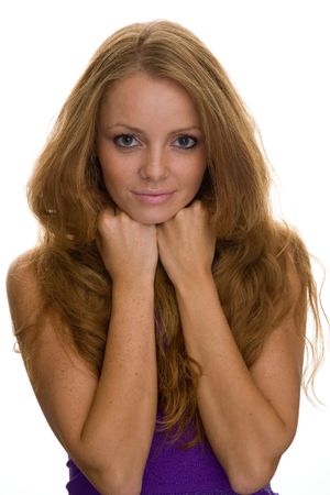 girl with red hair on a white backgroundの写真素材
