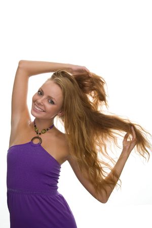 girl with red hair on a white backgroundの写真素材