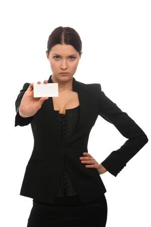 girl holding a business cardの写真素材