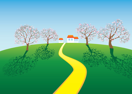 landscape with a farm and flowering treesのイラスト素材