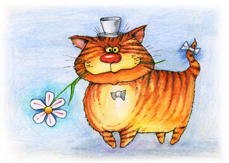 red cat with flower and hatの写真素材