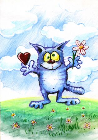 Love the cat with hearts and flowerの写真素材