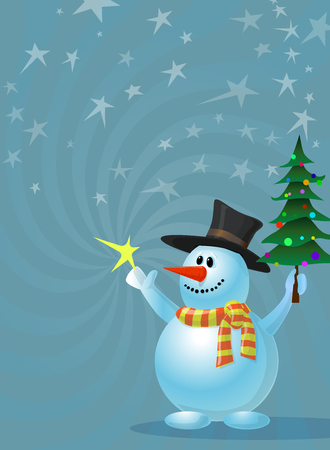 Illustration of holiday card with snowman holding a christmas tree and star.のイラスト素材