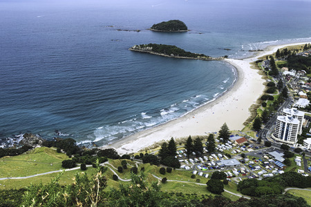 View of the beautiful beach and camping place in Mount Maunganui, New Zealandの写真素材
