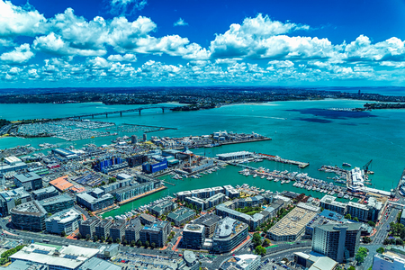 Auckland bridge and harbour view from observation deck on a sunny dayの写真素材