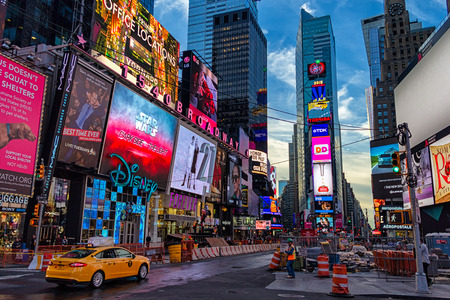 NEW YORK, USA - OCTOBER, 2015: Early morning Times Square view with yellow taxi cab and construction...