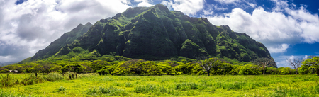 Kualoa mountain range panoramic view, famous filming location on Oahu island, Hawaiiの写真素材