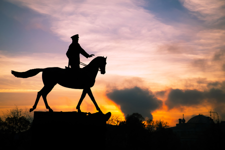 Marshal Zhukov monument silhouette in Moscow at sunsetの写真素材