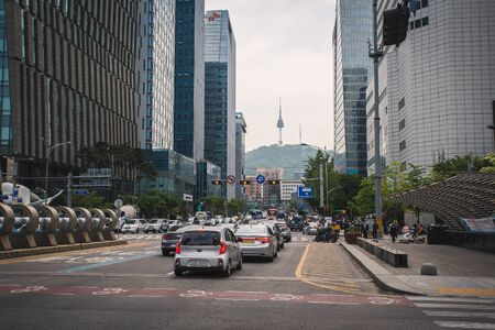 SEOUL, SOUTH KOREA - MAY, 2017: Busy streets in Seoul downtown and Namsan tower viewのeditorial素材