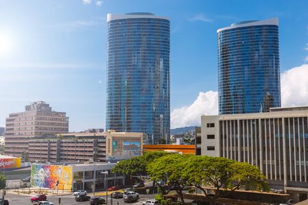HONOLULU, USA - JUNE, 2018: View of business district of Honolulu city, Hawaii