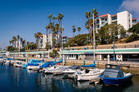 LOS ANGELES, USA - OCTOBER, 2013: Redondo beach marine with boats and waterftont restaurants in Los Angelesのeditorial素材