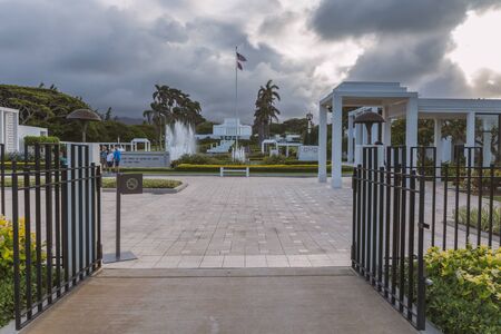 OAHU, USA - JUNE, 2018: Laie Temple with beautiful fountains and garden sunset view on Oahu island, Hawaiiのeditorial素材