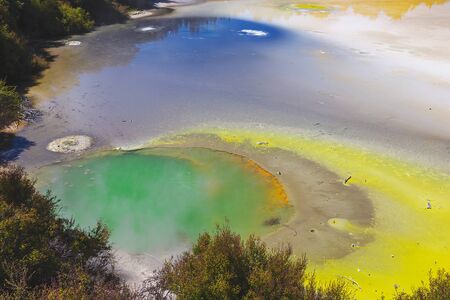 Wai-O-Tapu thermal volcanic park with colorful lakes in Rotorua, New Zealandの写真素材