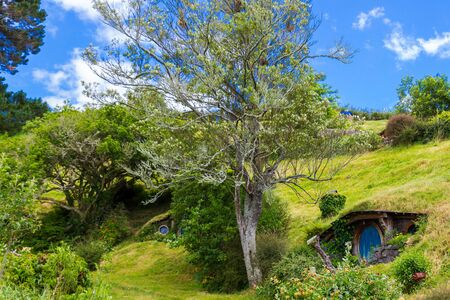 MATAMATA, NEW ZEALAND - DECEMBER, 2017: Beautiful green hills of Hobbiton on a sunny day