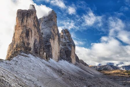 Famous view of Tre Cime di Lavaredo rocky mountains from the hiking trail, Dolomites, Italyの写真素材