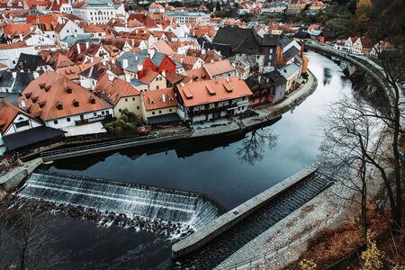 Cesky Krumlov famous rooftop view with Vltava river curve, Czech Republicの写真素材