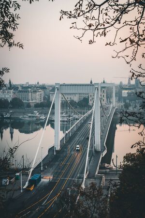 BUDAPEST, HUNGARY - OCTOBER, 2019: Morning view of Elizabeth bridge and Danube riverのeditorial素材