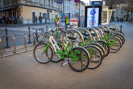 LJUBLJANA, SLOVENIA - OCTOBER, 2019: Bike rentals parking in Ljubljana historical centerのeditorial素材