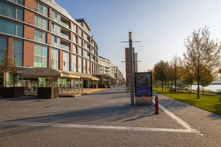 BRATISLAVA, SLOVAKIA - OCTOBER, 2019: Danube river embankment and modern buildings in Bratislava